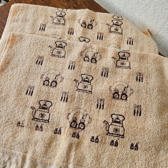 Vintage 70s Pair Set 2 Cannon Beige Tea Coffee Pot Kitchen Hand Towel 22"x15" - Picture 2 of 6